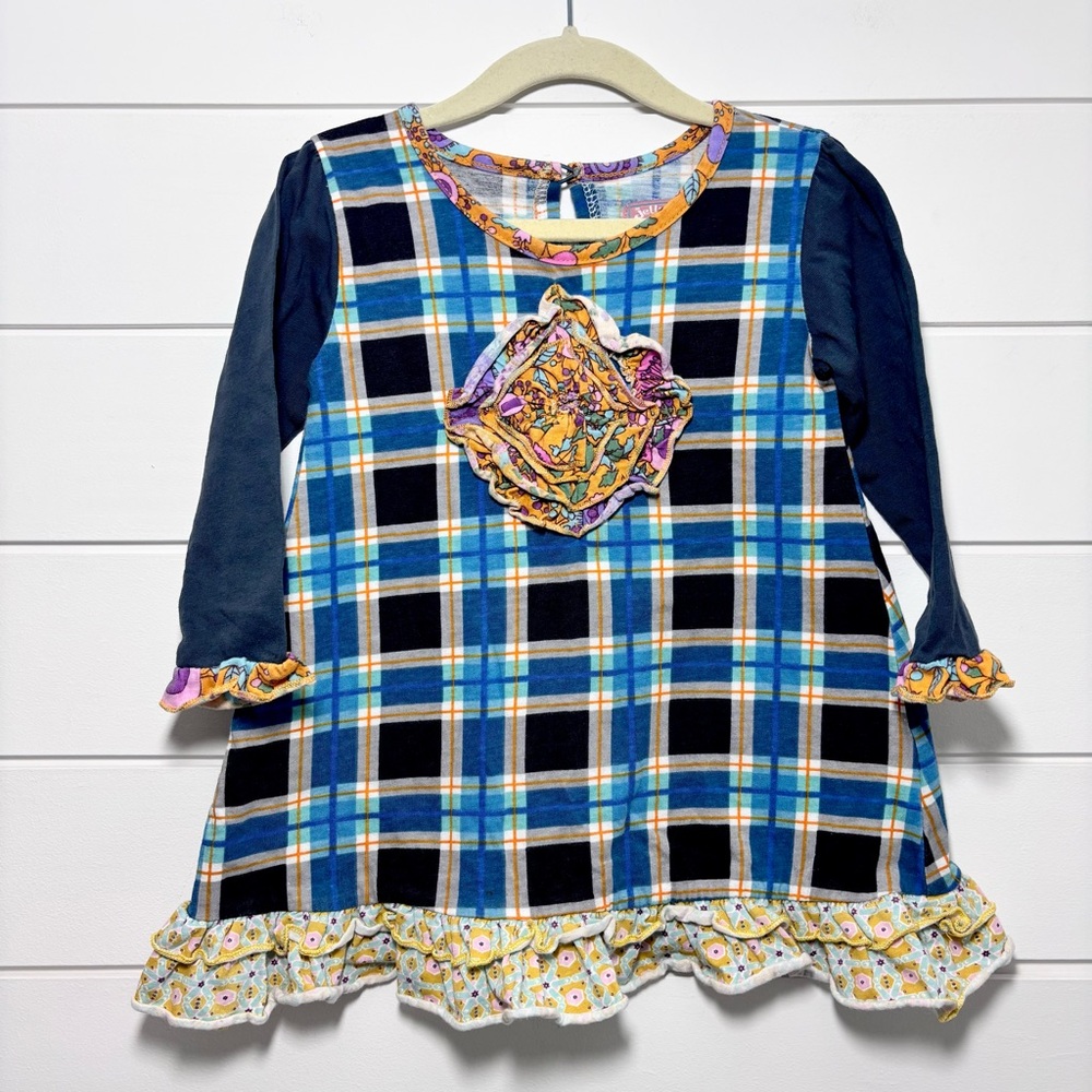 Jelly the plug, Plaid Ruffle Tunic Dress, size 2 Blue Pullover Long sleeves